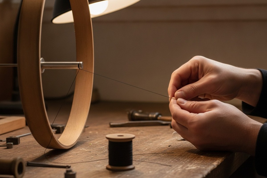 Manos guiando un �nico hilo entre anclajes sobre una mesa de trabajo con instrumentos de medici�n sin marcas visibles