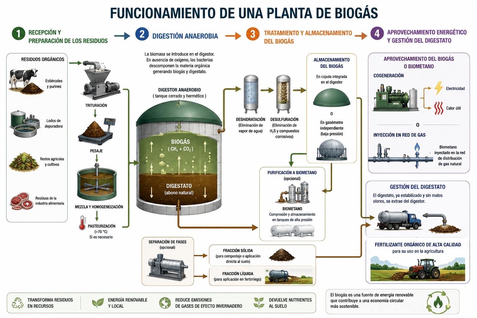 Esquema explicativo del funcionamiento de una planta de biog�s