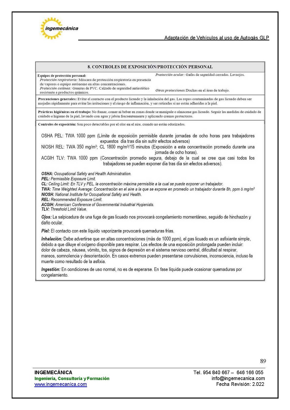 Adaptaci�n de veh�culos al uso de autog�s GLP. P�gina 85