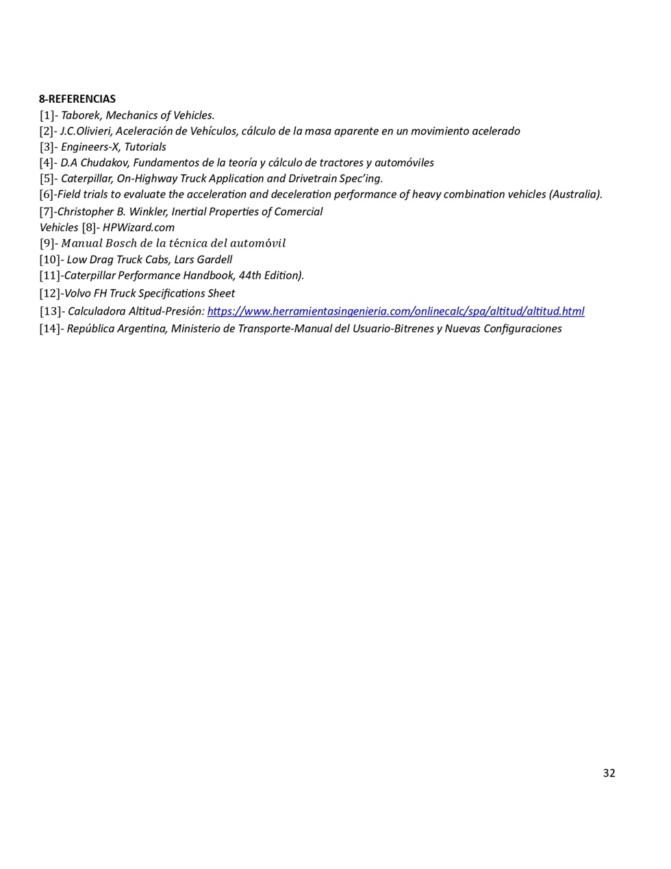 Clculo de la performance de camiones cargados. Pgina 32