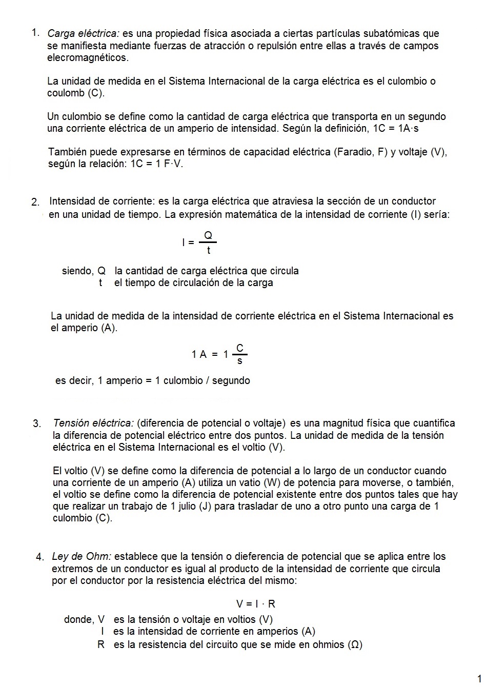 Conceptos generales de electricidad y fórmulas eléctricas. Página 01