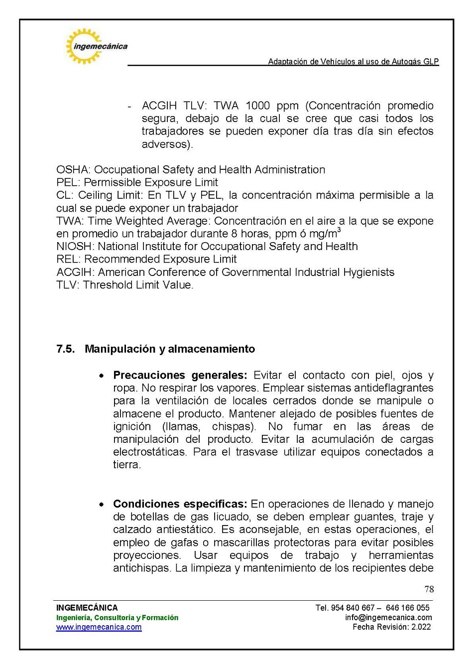 Adaptaci�n de veh�culos al uso de autog�s GLP. P�gina 74