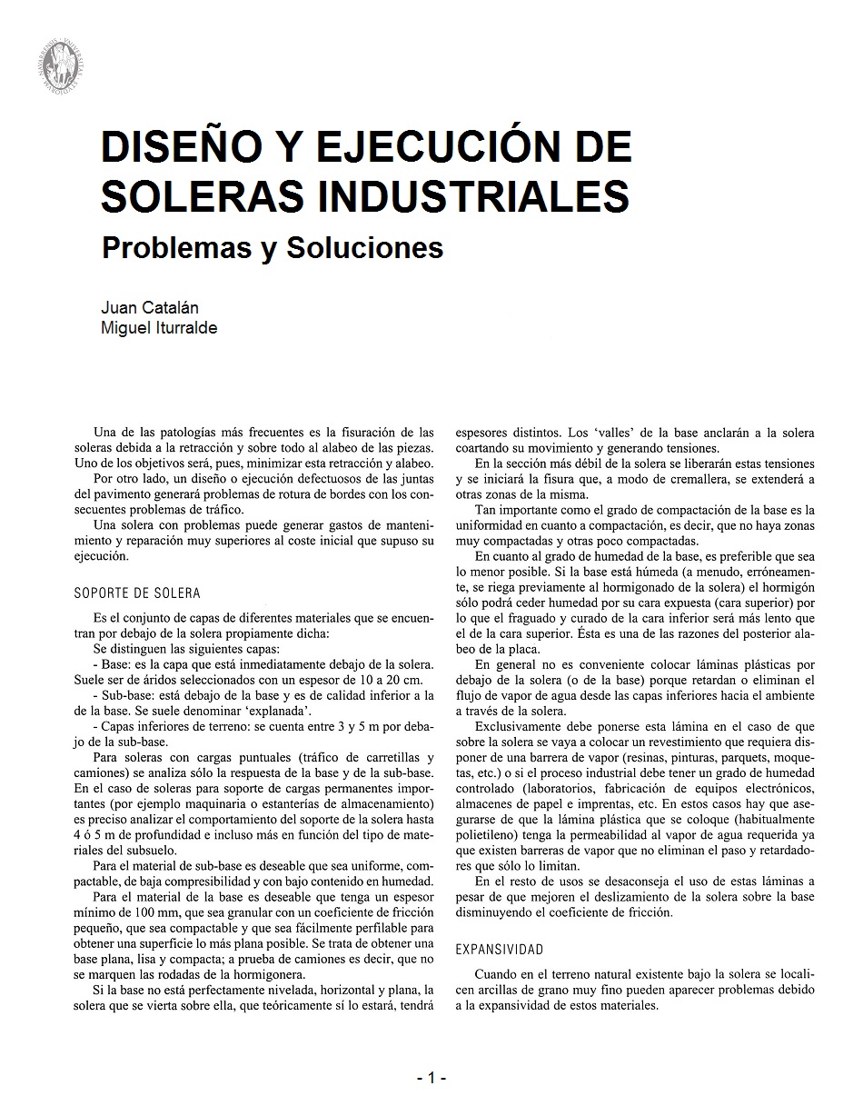 Diseño y Ejecución de Soleras Industriales: Problemas y Soluciones. Página 01